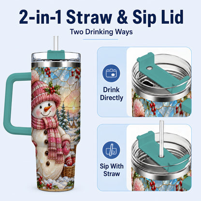 #pl[40oz|Green] Pink Snowman 40oz Tumbler, Winter Scene Stainless Steel Travel Cup