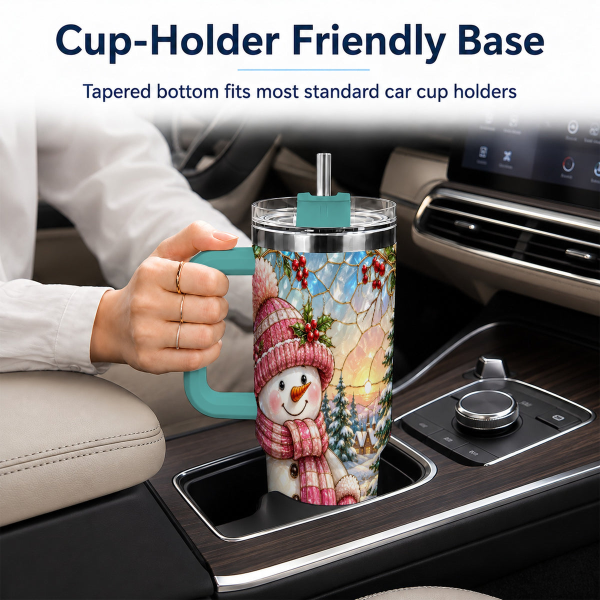 #pl[40oz|Green] Pink Snowman 40oz Tumbler, Winter Scene Stainless Steel Travel Cup