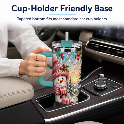 #pl[40oz|Green] Pink Snowman 40oz Tumbler, Winter Scene Stainless Steel Travel Cup