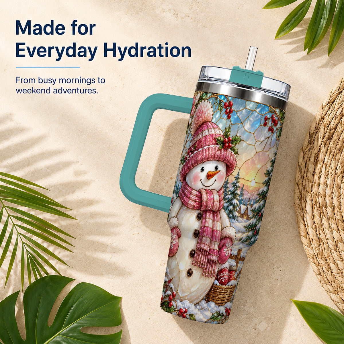 #pl[40oz|Green] Pink Snowman 40oz Tumbler, Winter Scene Stainless Steel Travel Cup