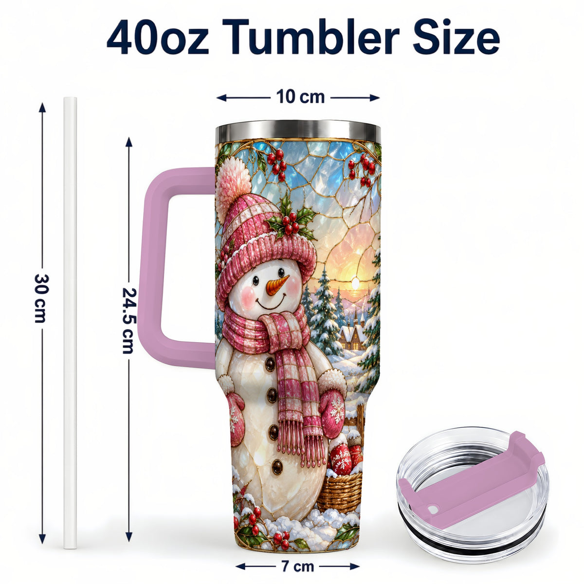 #pl[40oz|Pink] Pink Snowman 40oz Tumbler, Winter Scene Stainless Steel Travel Cup