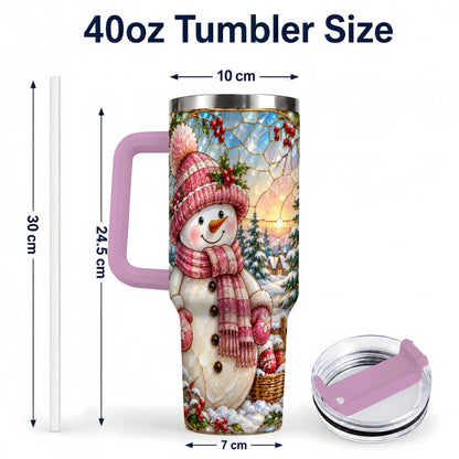 #pl[40oz|Pink] Pink Snowman 40oz Tumbler, Winter Scene Stainless Steel Travel Cup