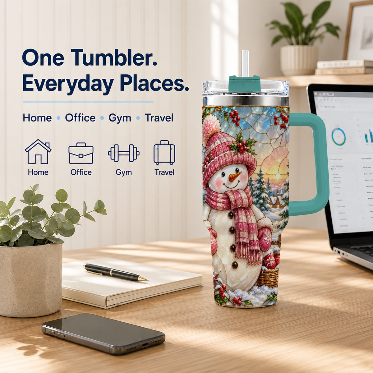 #pl[40oz|Green] Pink Snowman 40oz Tumbler, Winter Scene Stainless Steel Travel Cup