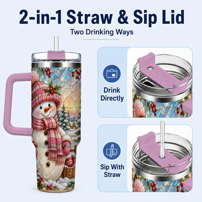 #pl[40oz|Pink] Pink Snowman 40oz Tumbler, Winter Scene Stainless Steel Travel Cup