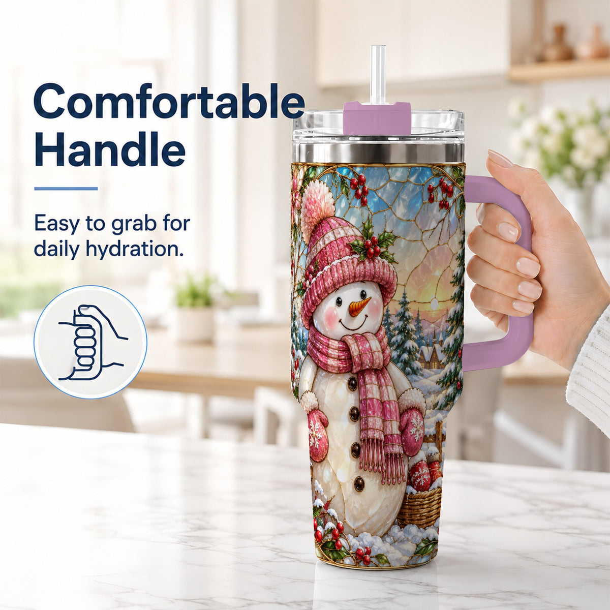 #pl[40oz|Pink] Pink Snowman 40oz Tumbler, Winter Scene Stainless Steel Travel Cup