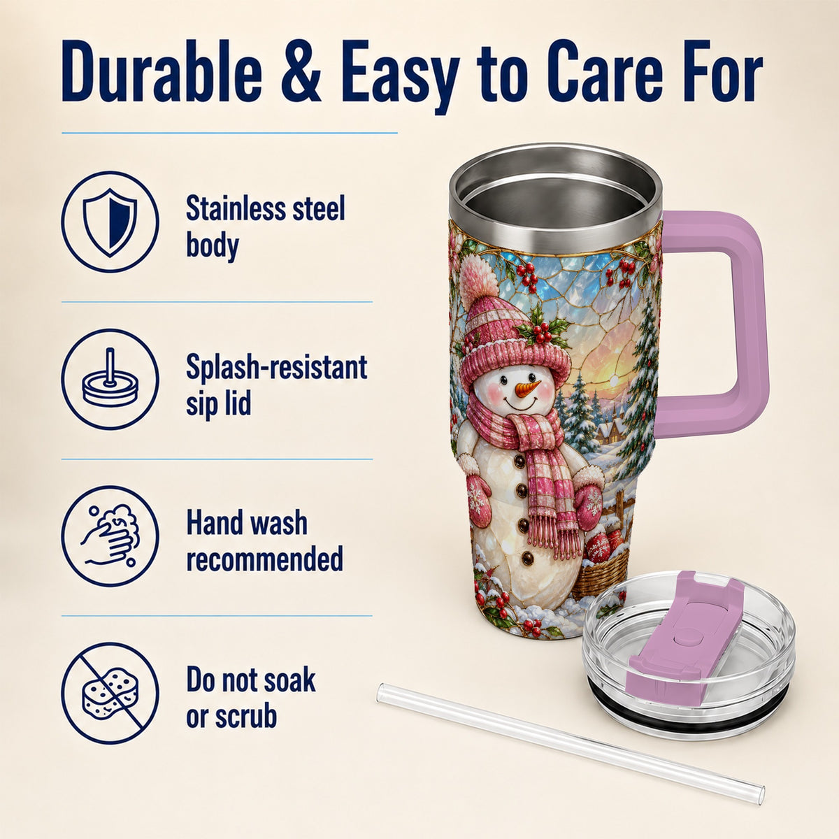 #pl[40oz|Pink] Pink Snowman 40oz Tumbler, Winter Scene Stainless Steel Travel Cup