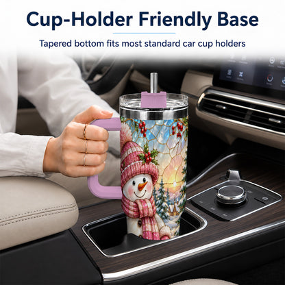 #pl[40oz|Pink] Pink Snowman 40oz Tumbler, Winter Scene Stainless Steel Travel Cup