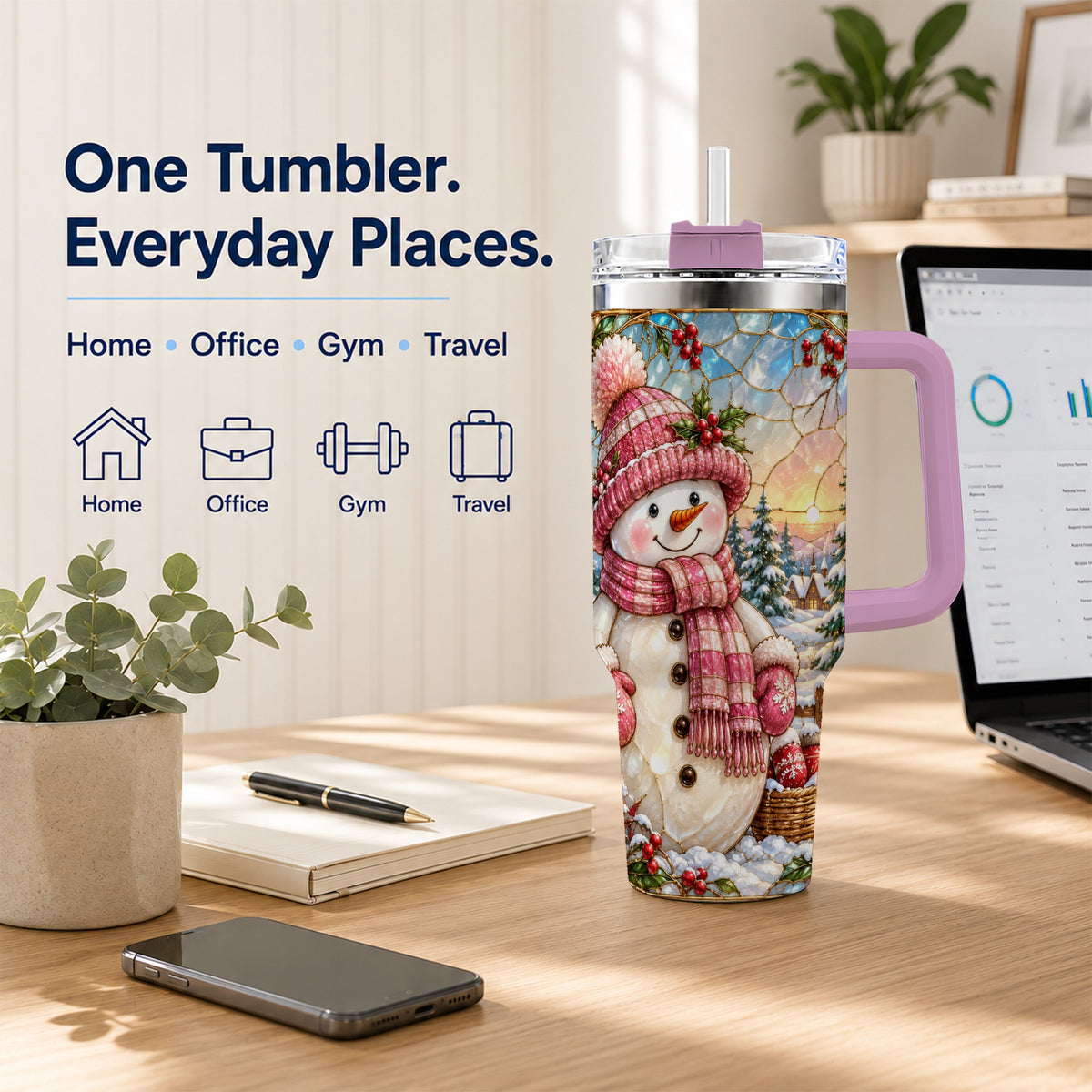 #pl[40oz|Pink] Pink Snowman 40oz Tumbler, Winter Scene Stainless Steel Travel Cup
