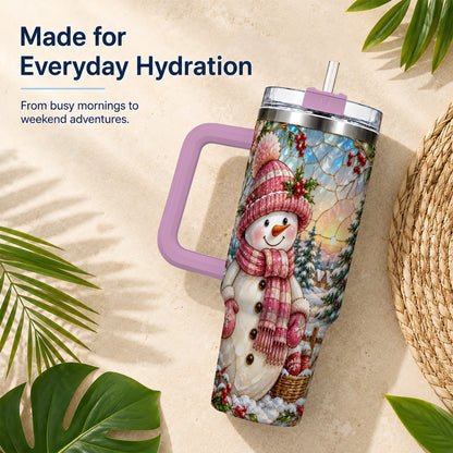 #pl[40oz|Pink] Pink Snowman 40oz Tumbler, Winter Scene Stainless Steel Travel Cup
