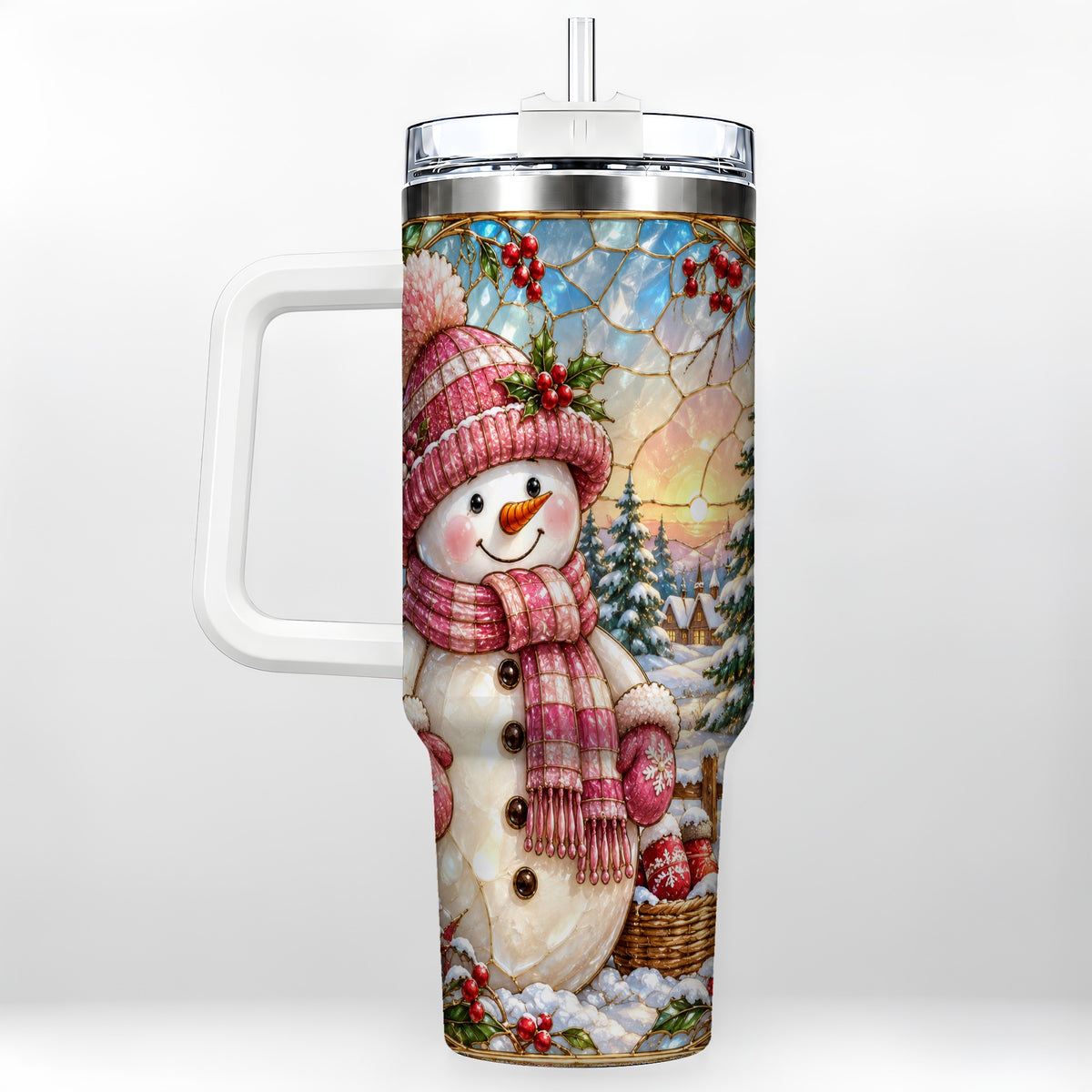 Pink Snowman 40oz Tumbler, Winter Scene Stainless Steel Travel Cup