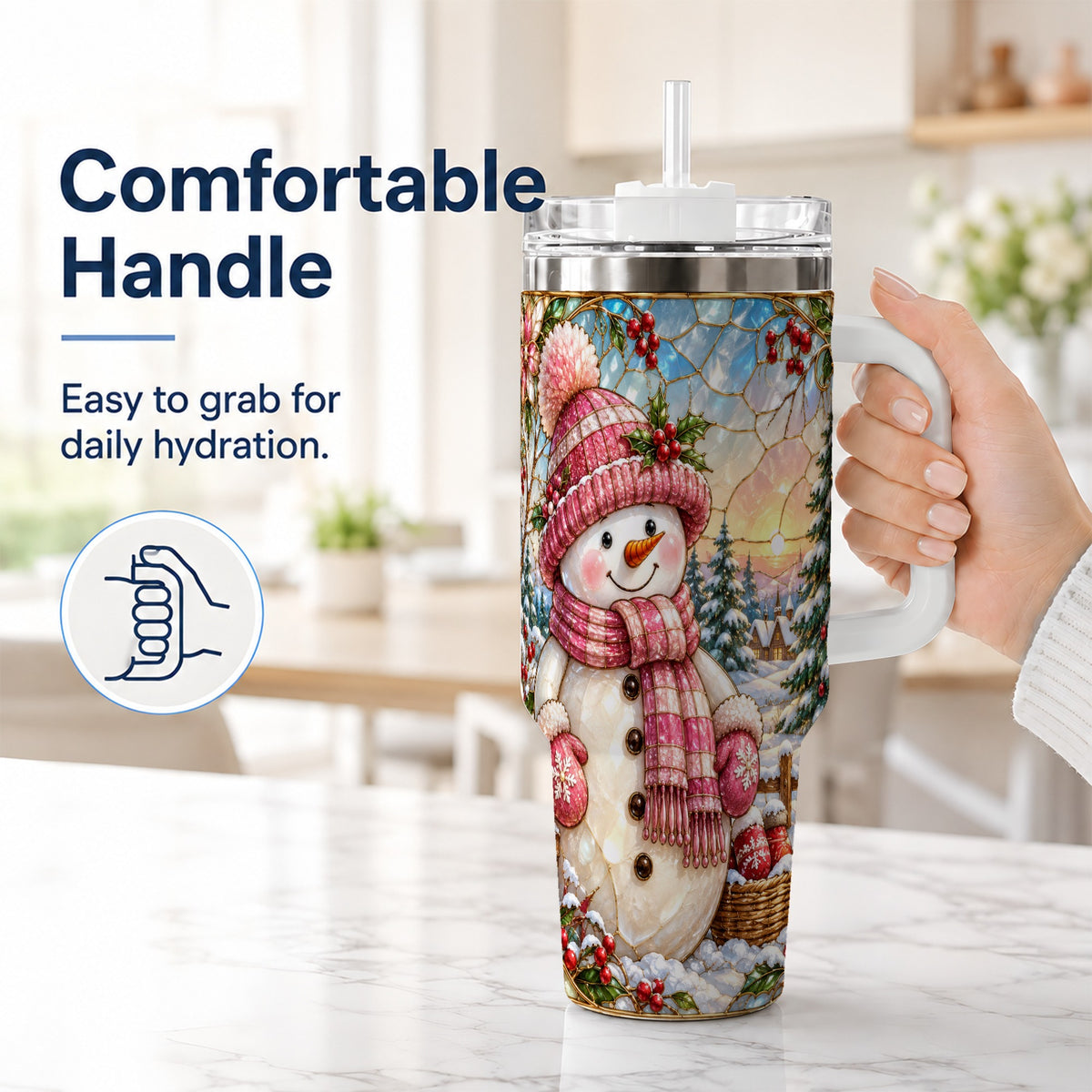 #pl[40oz|White] Pink Snowman 40oz Tumbler, Winter Scene Stainless Steel Travel Cup
