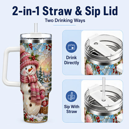 #pl[40oz|White] Pink Snowman 40oz Tumbler, Winter Scene Stainless Steel Travel Cup