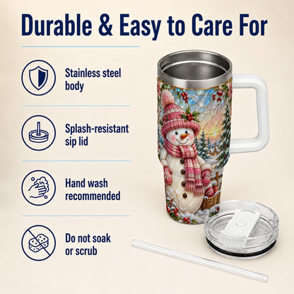 #pl[40oz|White] Pink Snowman 40oz Tumbler, Winter Scene Stainless Steel Travel Cup