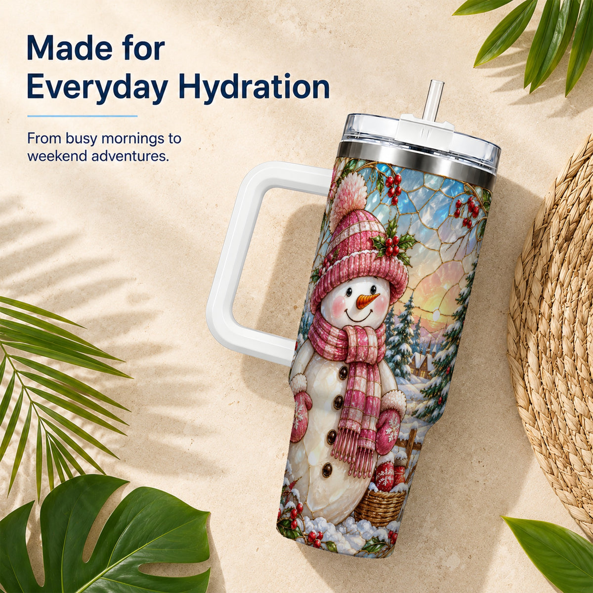 #pl[40oz|White] Pink Snowman 40oz Tumbler, Winter Scene Stainless Steel Travel Cup