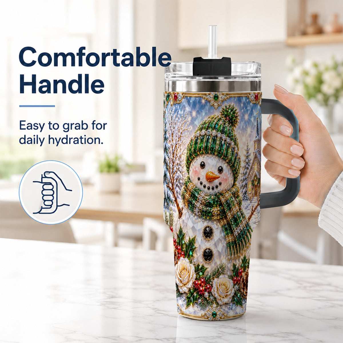 #pl[40oz|Black] Green Snowman 40oz Tumbler, Winter Church Stainless Steel Travel Cup