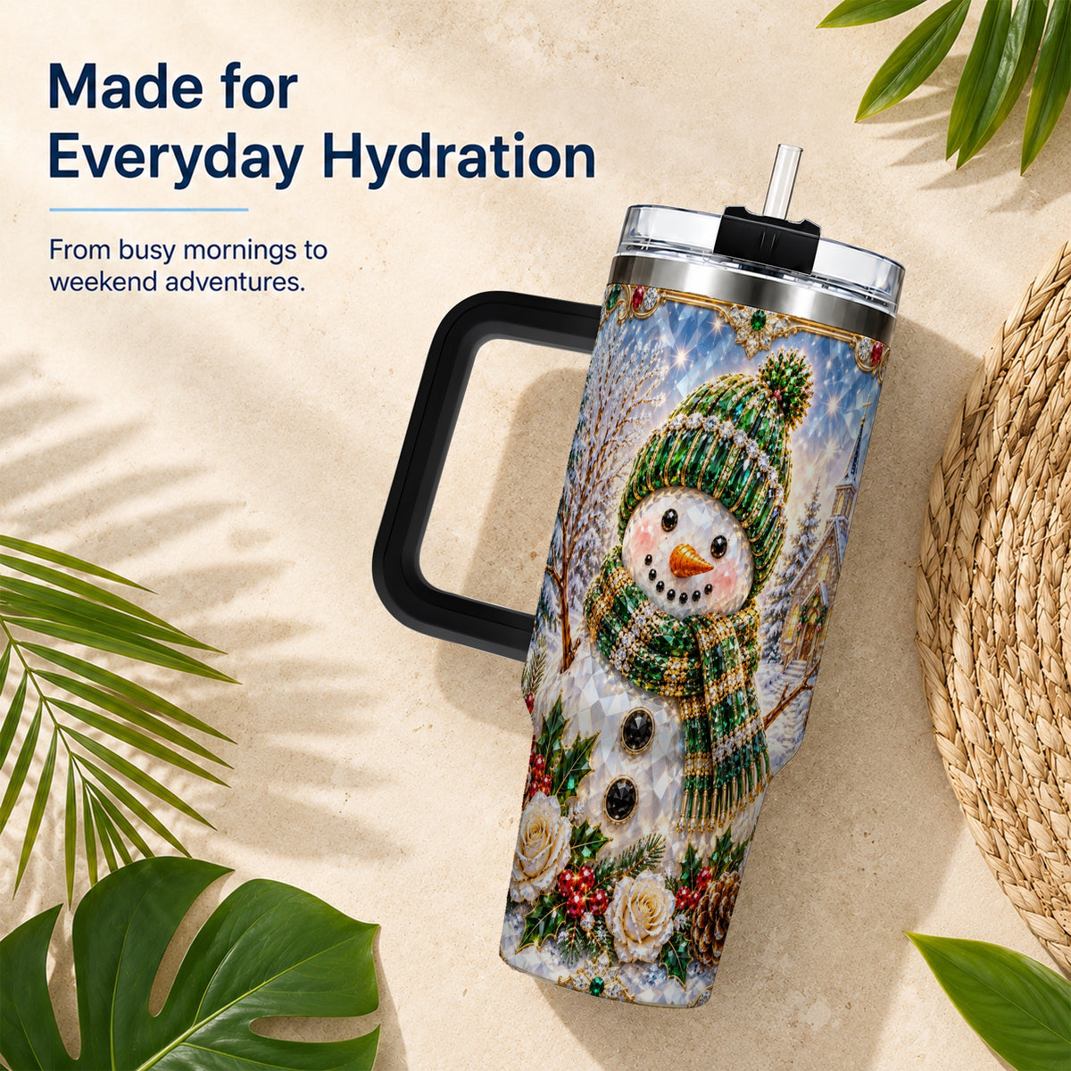 #pl[40oz|Black] Green Snowman 40oz Tumbler, Winter Church Stainless Steel Travel Cup