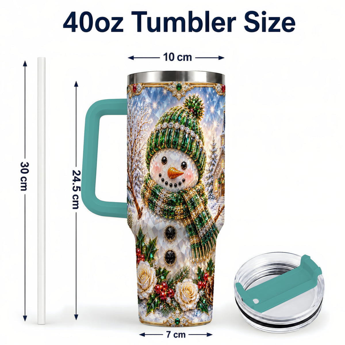 #pl[40oz|Green] Green Snowman 40oz Tumbler, Winter Church Stainless Steel Travel Cup