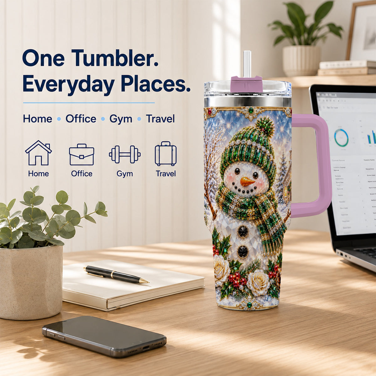 #pl[40oz|Pink] Green Snowman 40oz Tumbler, Winter Church Stainless Steel Travel Cup