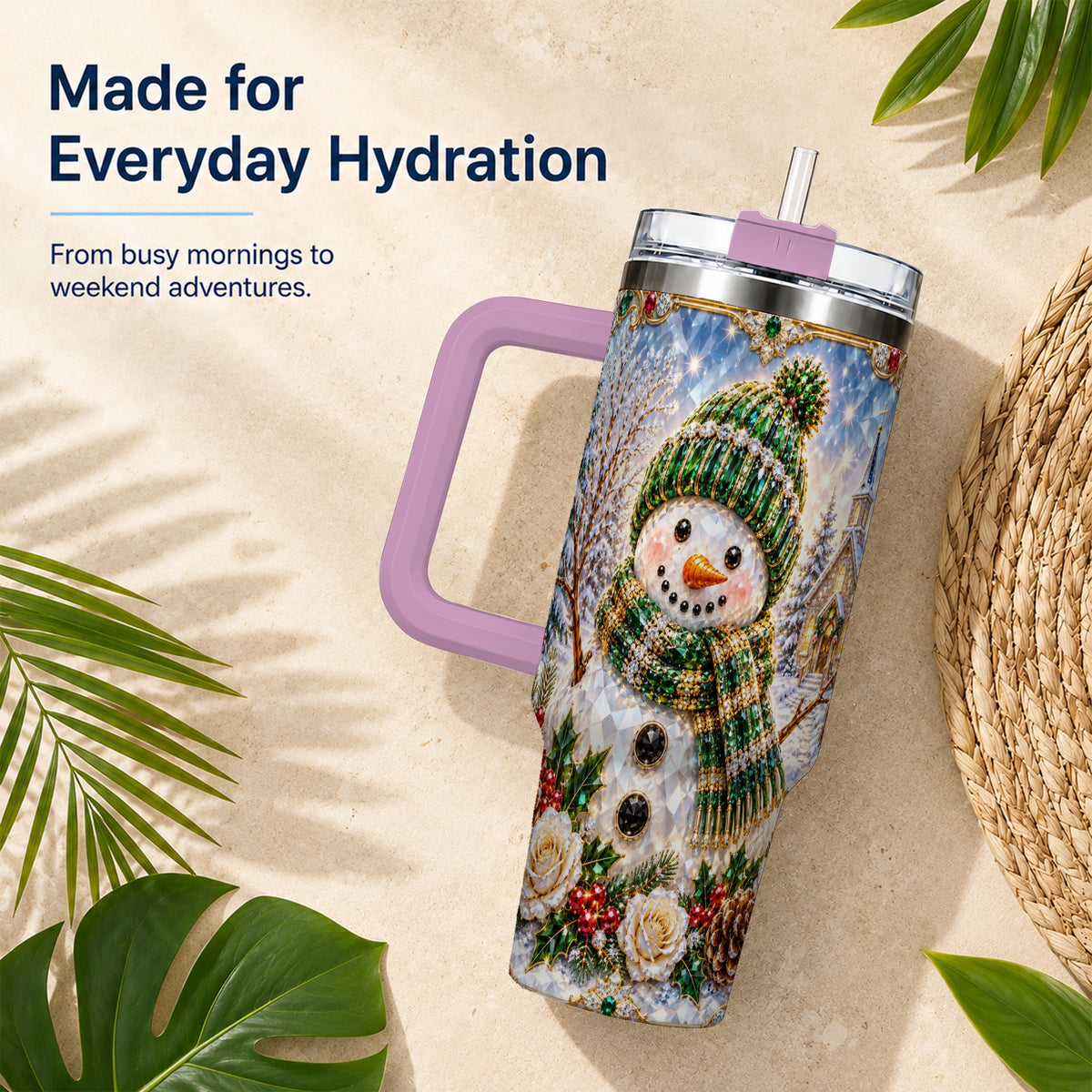 #pl[40oz|Pink] Green Snowman 40oz Tumbler, Winter Church Stainless Steel Travel Cup