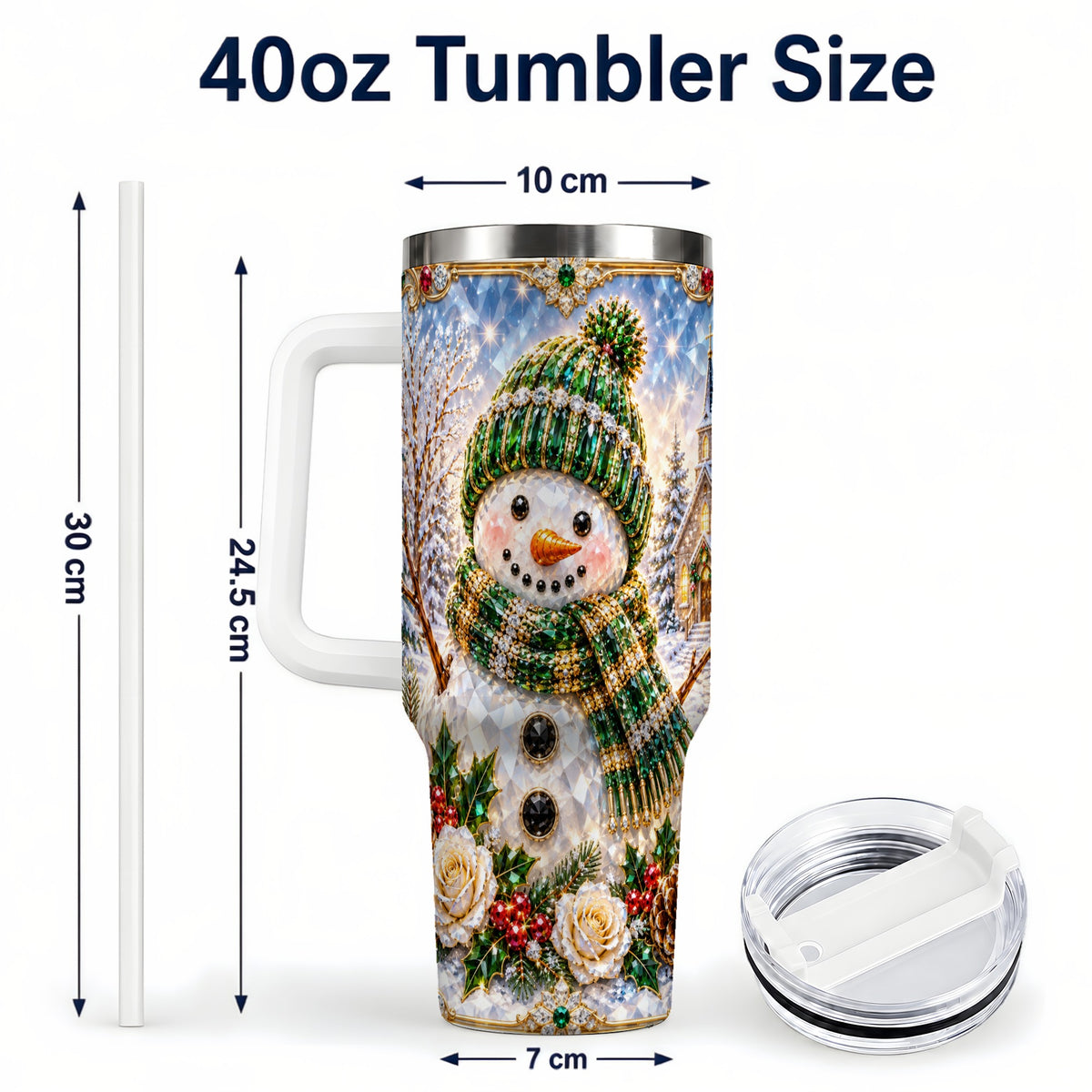 #pl[40oz|White] Green Snowman 40oz Tumbler, Winter Church Stainless Steel Travel Cup