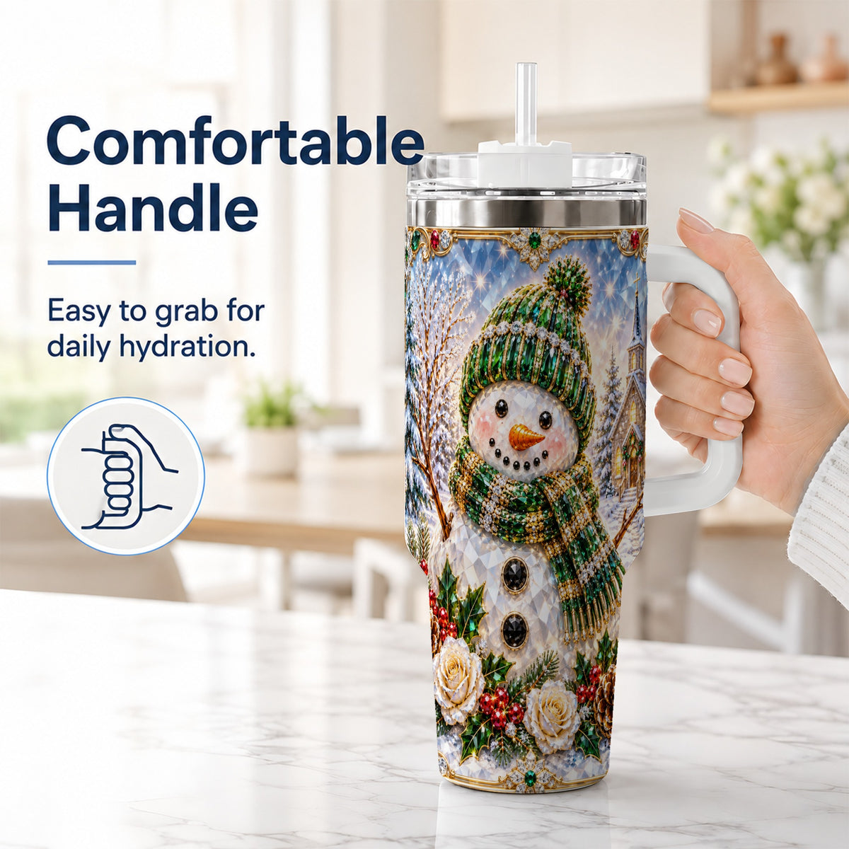 #pl[40oz|White] Green Snowman 40oz Tumbler, Winter Church Stainless Steel Travel Cup