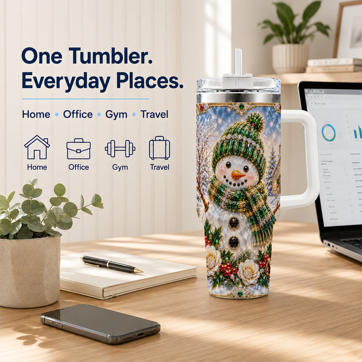 #pl[40oz|White] Green Snowman 40oz Tumbler, Winter Church Stainless Steel Travel Cup