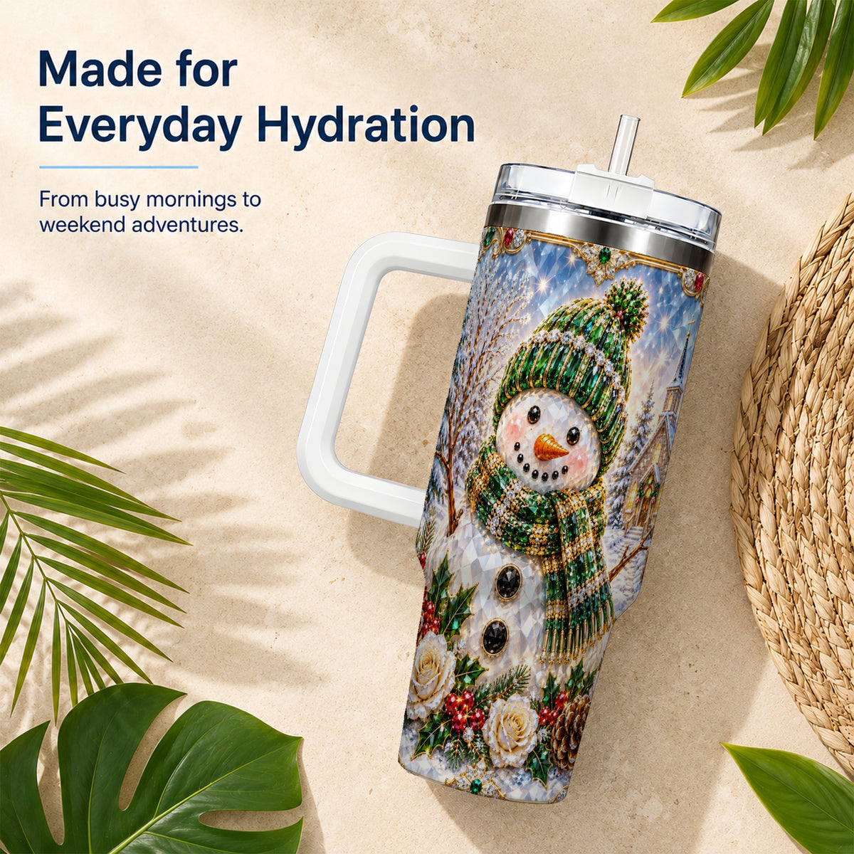 #pl[40oz|White] Green Snowman 40oz Tumbler, Winter Church Stainless Steel Travel Cup