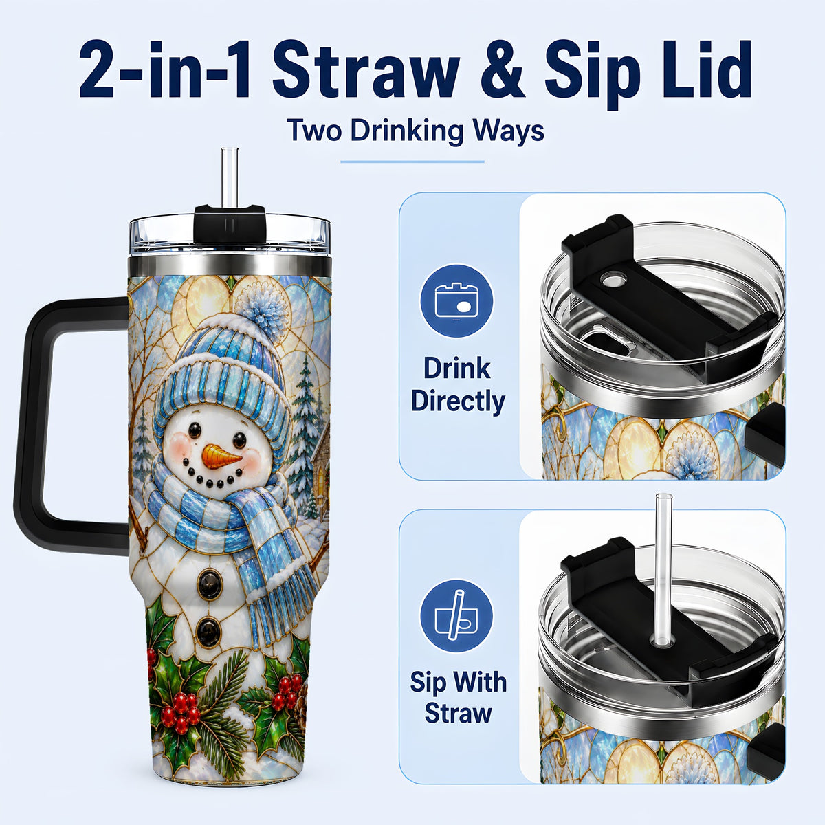 #pl[40oz|Black] Blue Snowman 40oz Tumbler, Winter Church Stainless Steel Travel Cup