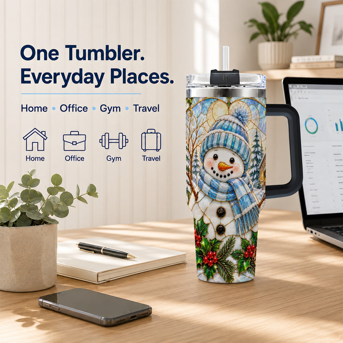#pl[40oz|Black] Blue Snowman 40oz Tumbler, Winter Church Stainless Steel Travel Cup