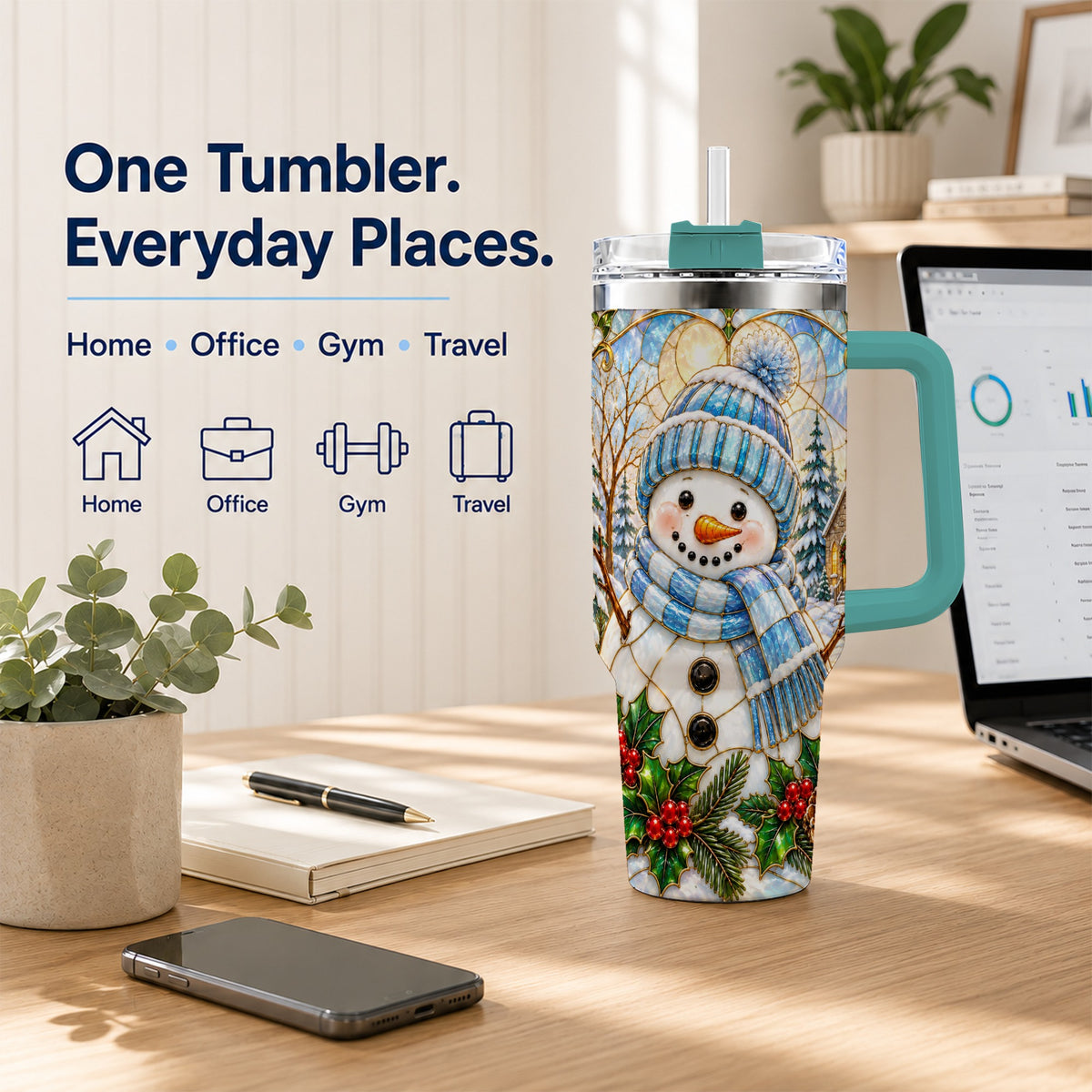 #pl[40oz|Green] Blue Snowman 40oz Tumbler, Winter Church Stainless Steel Travel Cup