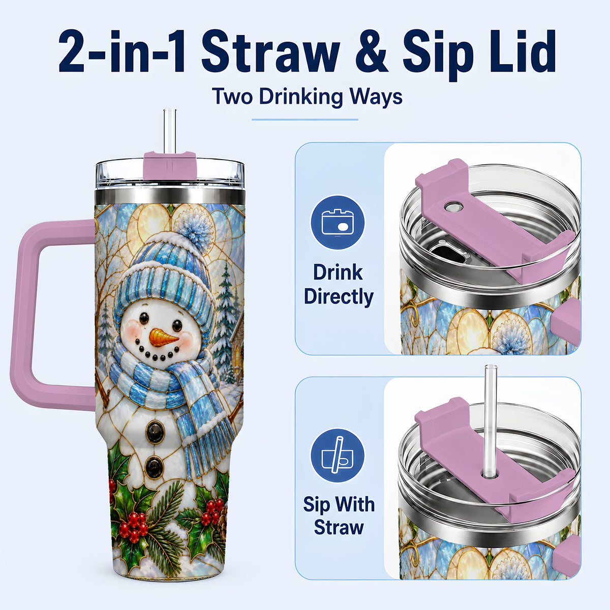 #pl[40oz|Pink] Blue Snowman 40oz Tumbler, Winter Church Stainless Steel Travel Cup