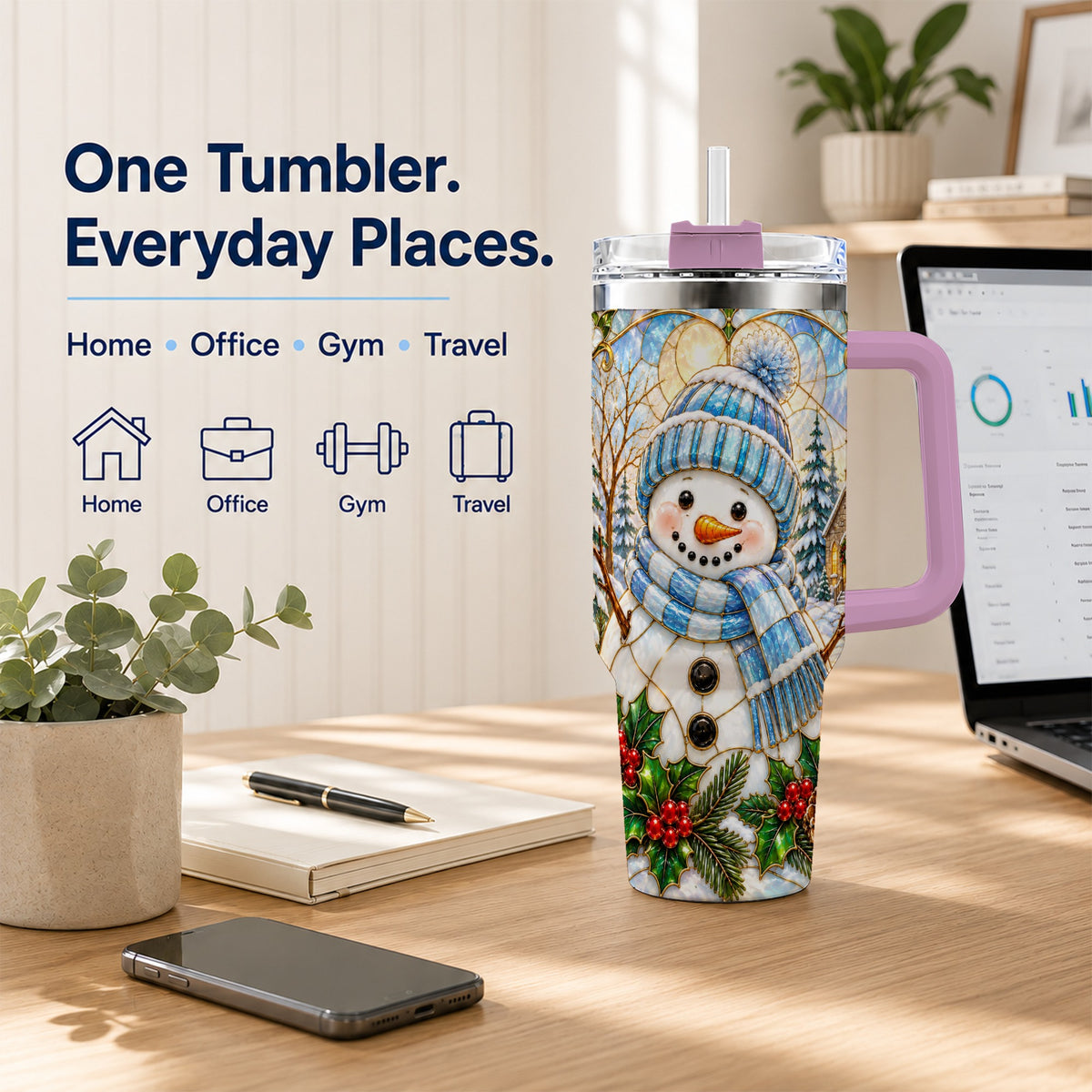 #pl[40oz|Pink] Blue Snowman 40oz Tumbler, Winter Church Stainless Steel Travel Cup