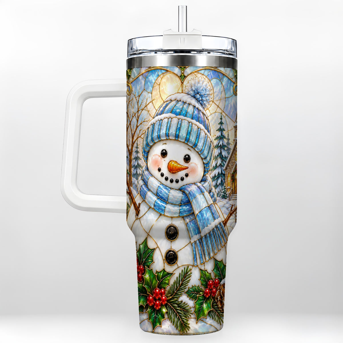 Blue Snowman 40oz Tumbler, Winter Church Stainless Steel Travel Cup