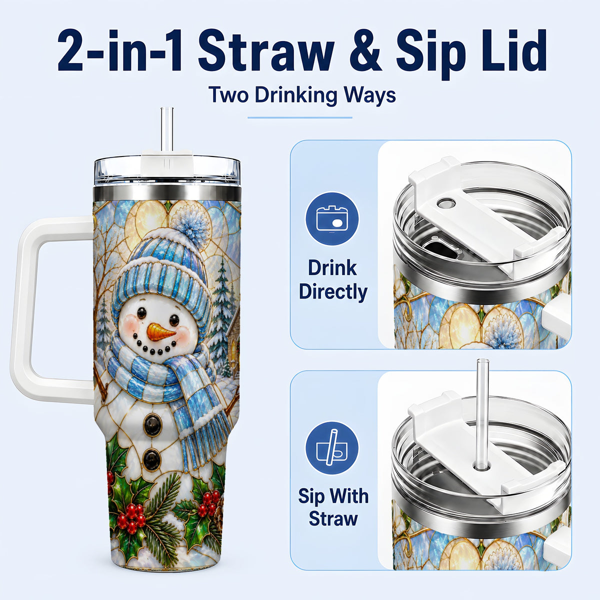 #pl[40oz|White] Blue Snowman 40oz Tumbler, Winter Church Stainless Steel Travel Cup