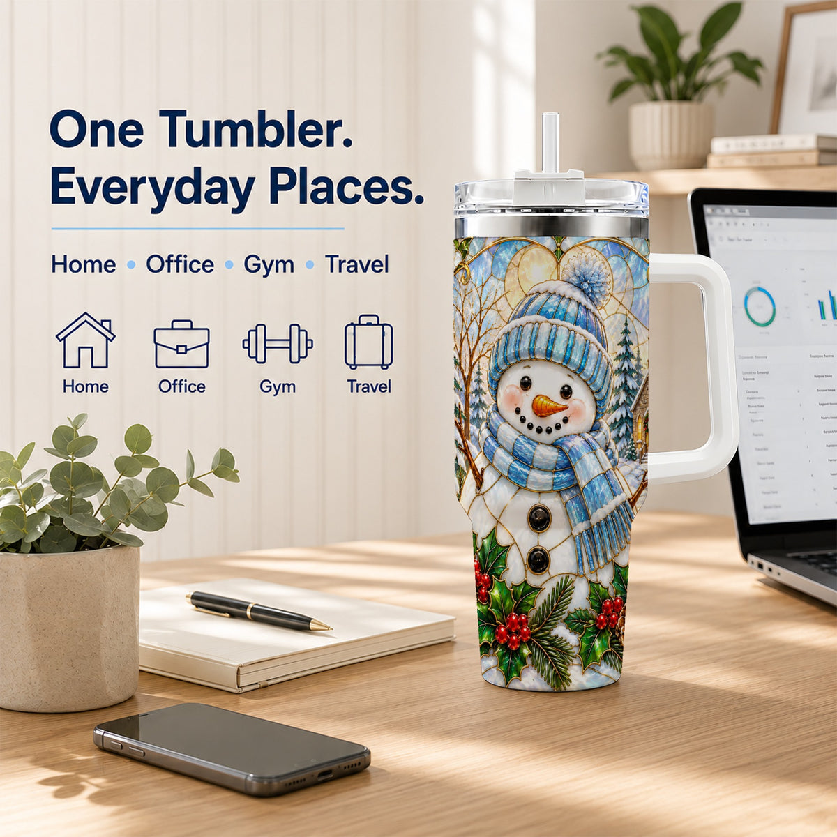 #pl[40oz|White] Blue Snowman 40oz Tumbler, Winter Church Stainless Steel Travel Cup