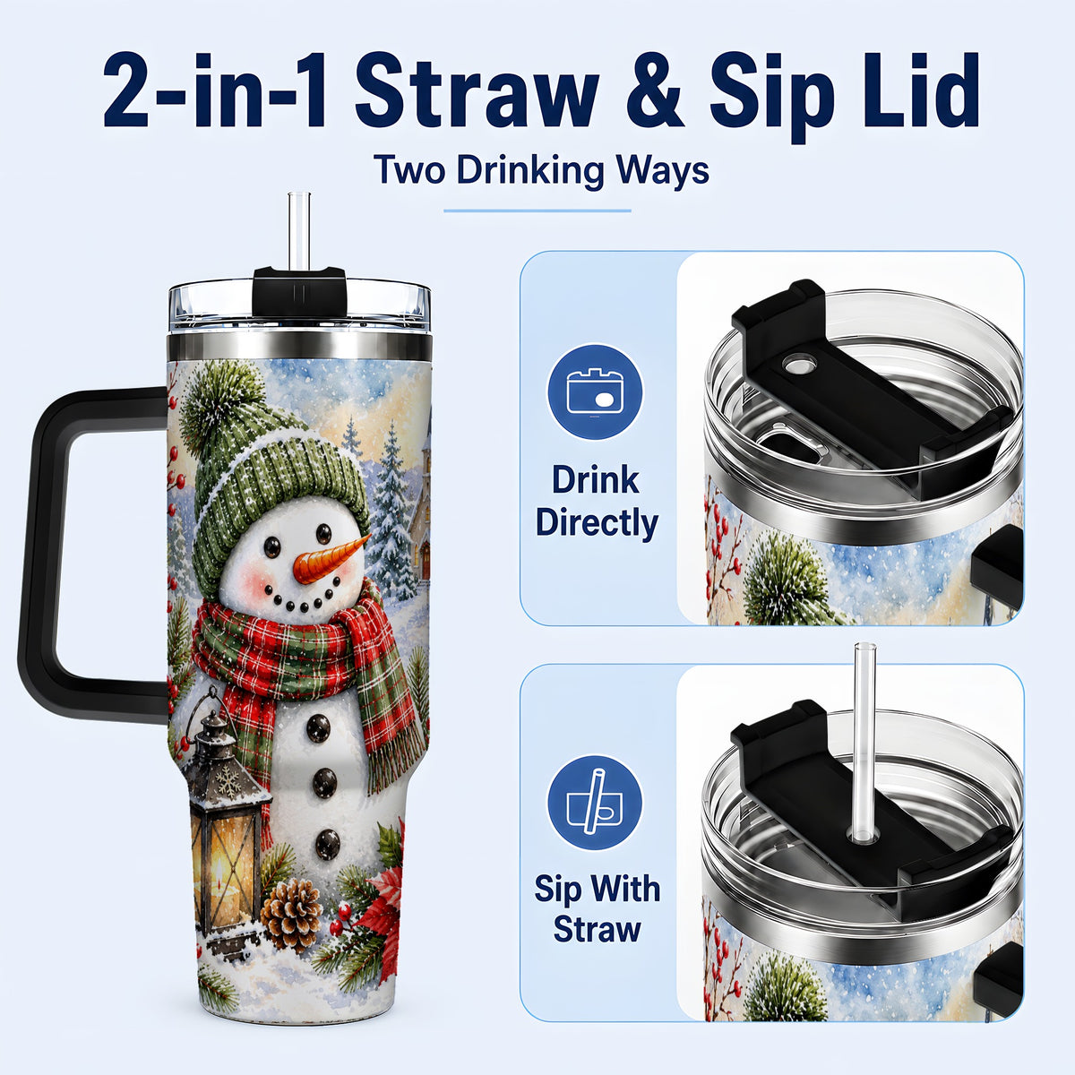 #pl[40oz|Black] Watercolor Snowman 40oz Tumbler, Winter Stainless Steel Travel Cup