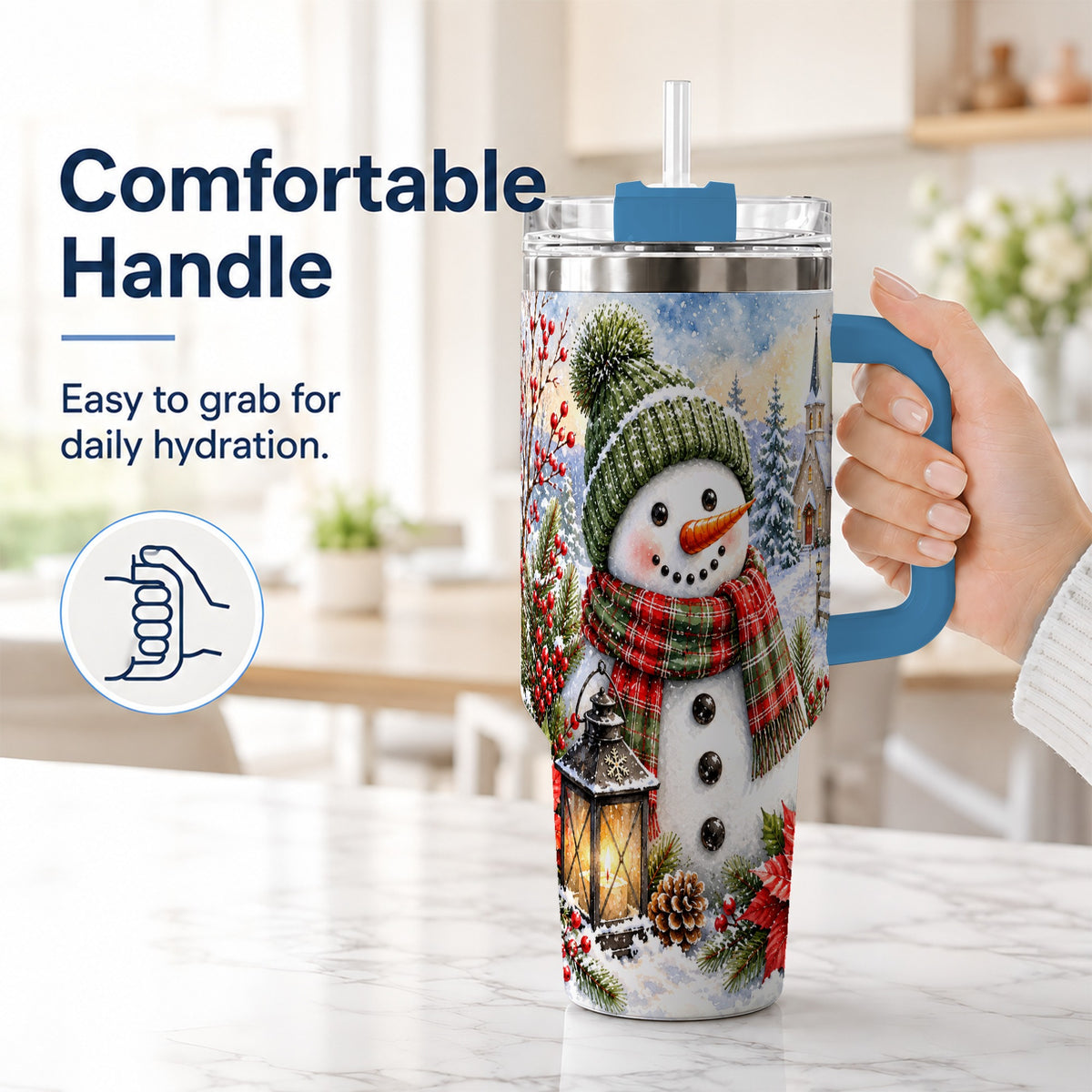 #pl[40oz|Blue] Watercolor Snowman 40oz Tumbler, Winter Stainless Steel Travel Cup