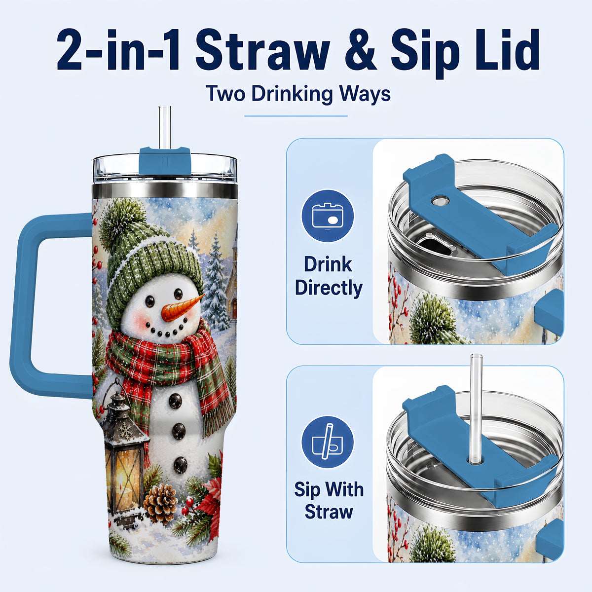 #pl[40oz|Blue] Watercolor Snowman 40oz Tumbler, Winter Stainless Steel Travel Cup