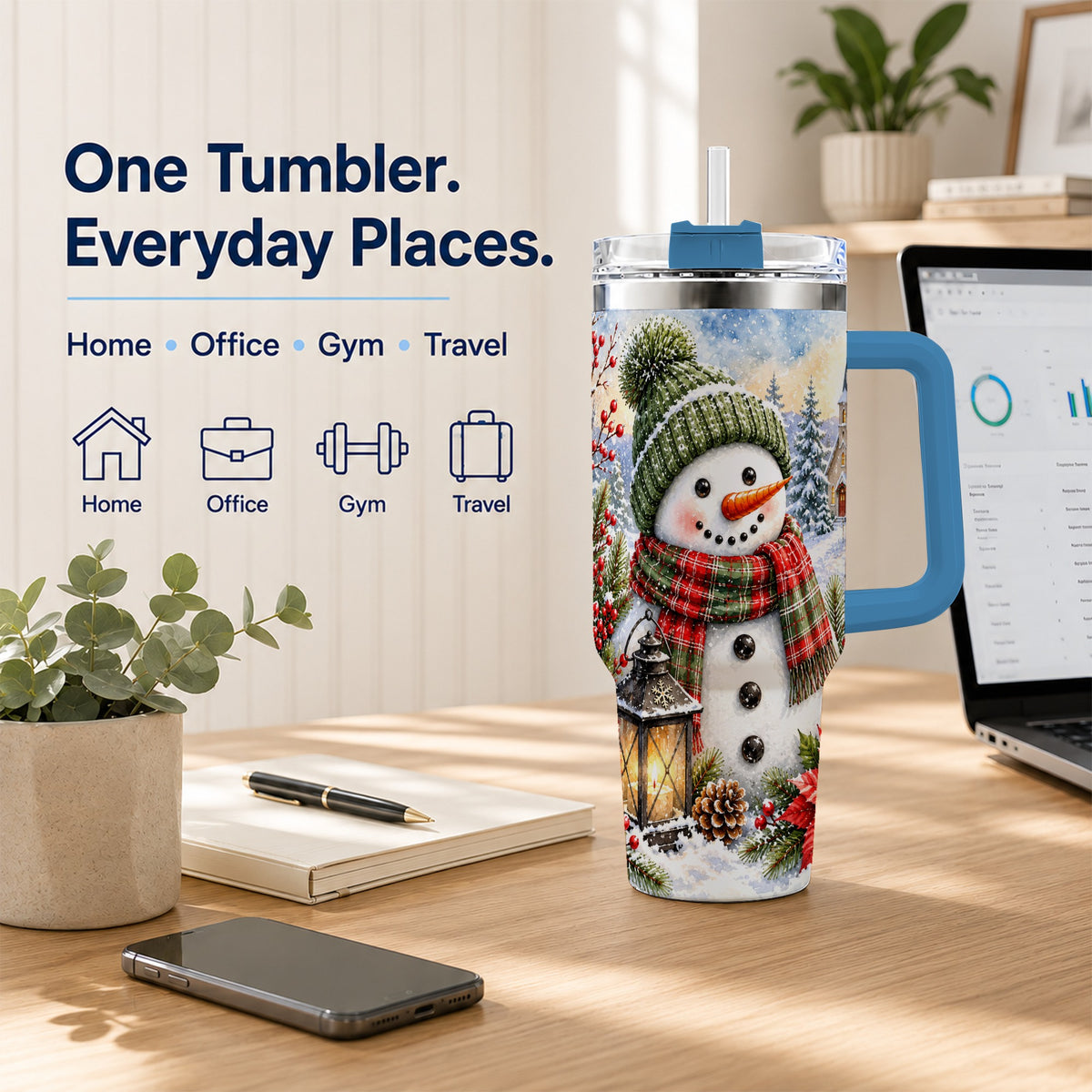 #pl[40oz|Blue] Watercolor Snowman 40oz Tumbler, Winter Stainless Steel Travel Cup