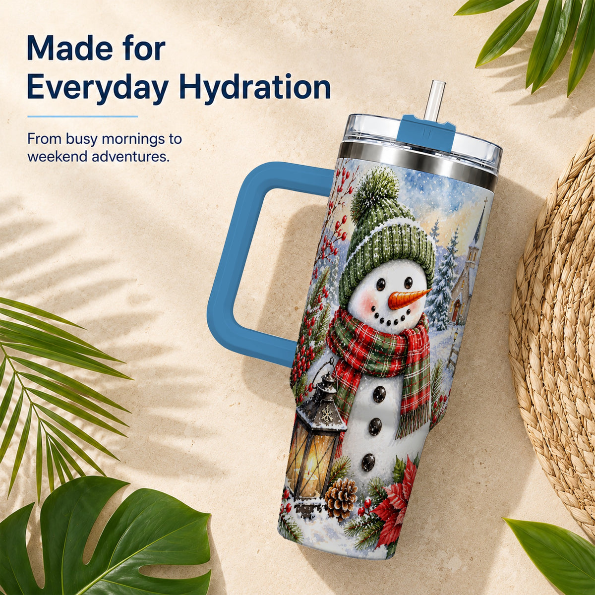 #pl[40oz|Blue] Watercolor Snowman 40oz Tumbler, Winter Stainless Steel Travel Cup