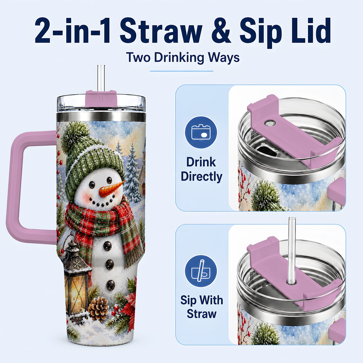 #pl[40oz|Pink] Watercolor Snowman 40oz Tumbler, Winter Stainless Steel Travel Cup