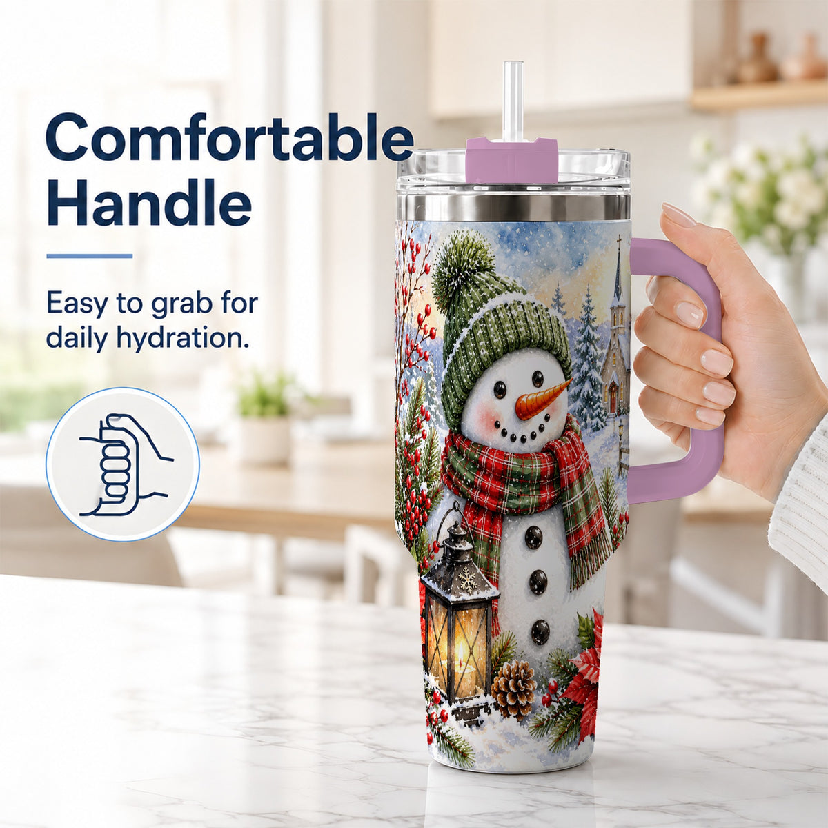 #pl[40oz|Pink] Watercolor Snowman 40oz Tumbler, Winter Stainless Steel Travel Cup