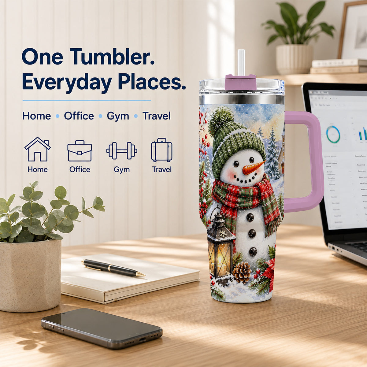 #pl[40oz|Pink] Watercolor Snowman 40oz Tumbler, Winter Stainless Steel Travel Cup