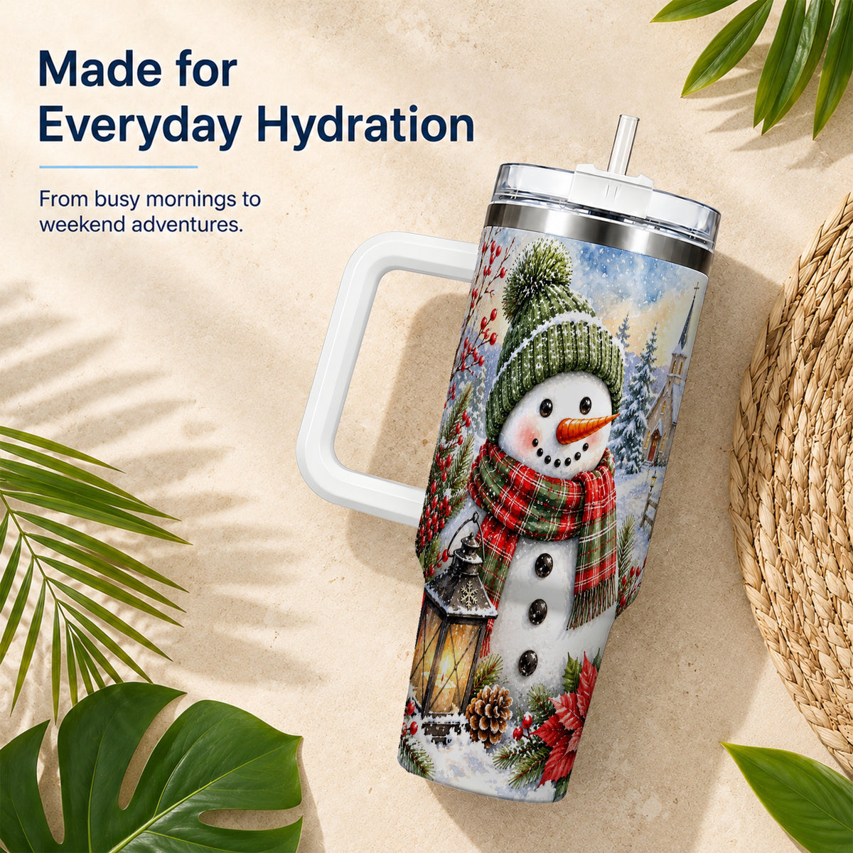 #pl[40oz|White] Watercolor Snowman 40oz Tumbler, Winter Stainless Steel Travel Cup