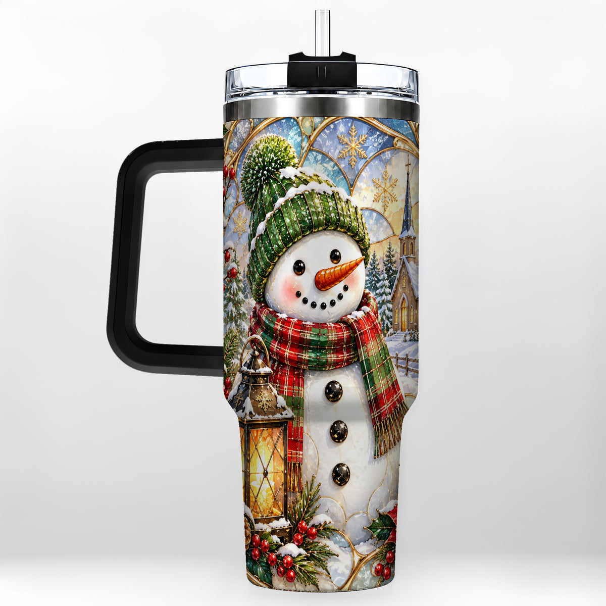 #pl[40oz|Black] Plaid Snowman 40oz Tumbler, Winter Scene Stainless Steel Travel Cup