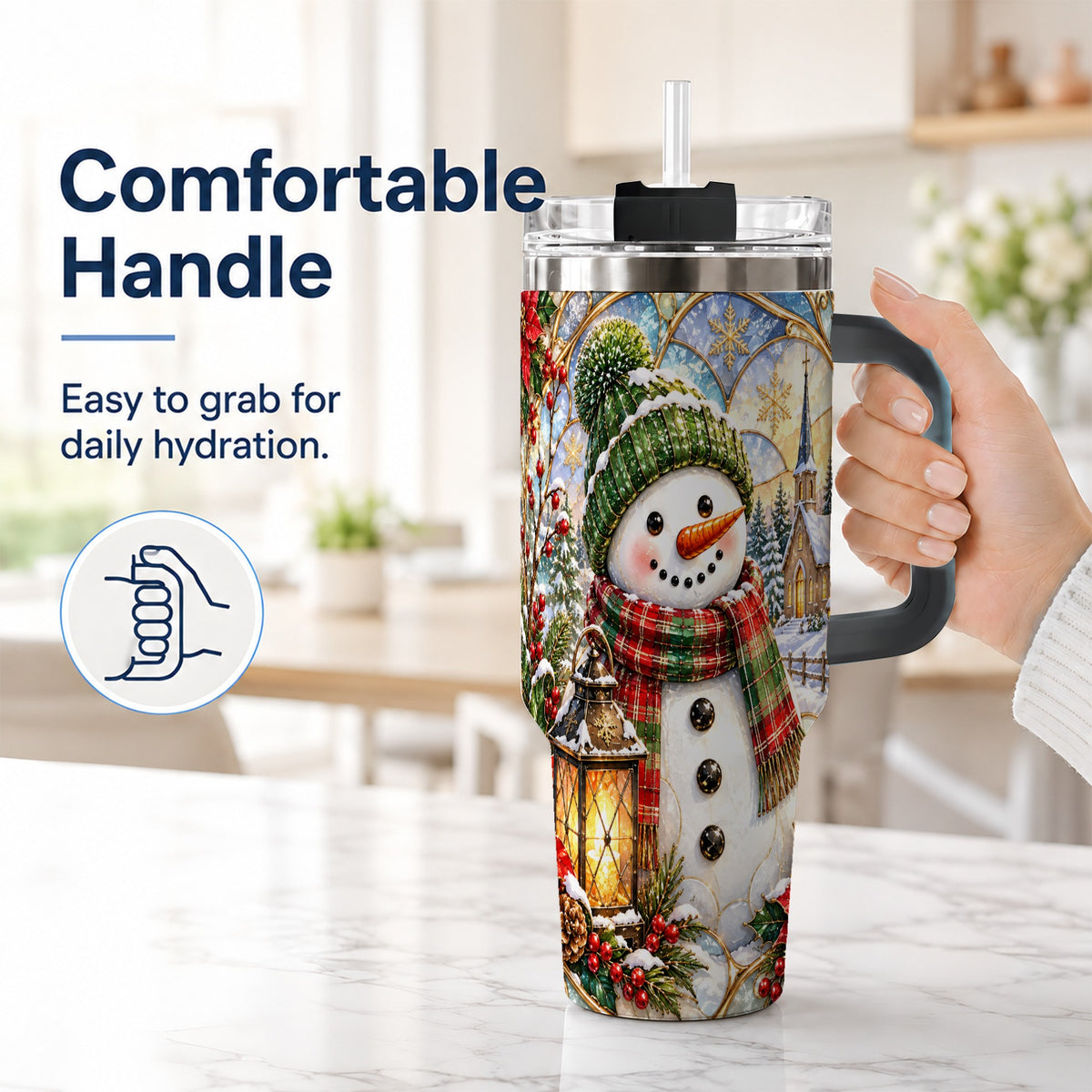 #pl[40oz|Black] Plaid Snowman 40oz Tumbler, Winter Scene Stainless Steel Travel Cup