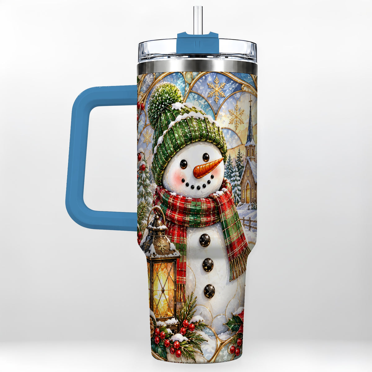 #pl[40oz|Blue] Plaid Snowman 40oz Tumbler, Winter Scene Stainless Steel Travel Cup