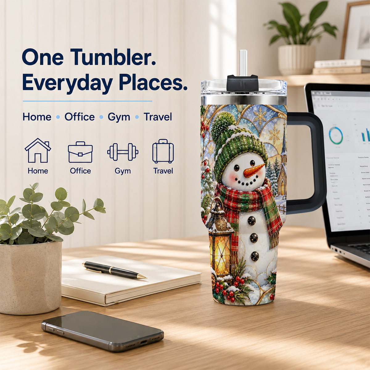 #pl[40oz|Black] Plaid Snowman 40oz Tumbler, Winter Scene Stainless Steel Travel Cup