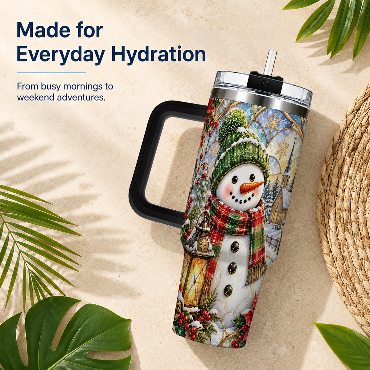 #pl[40oz|Black] Plaid Snowman 40oz Tumbler, Winter Scene Stainless Steel Travel Cup