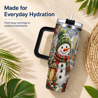 #pl[40oz|Black] Plaid Snowman 40oz Tumbler, Winter Scene Stainless Steel Travel Cup